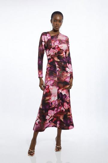 Photographic Floral Printed Asymmetric Jersey Crepe Maxi Dress floral
