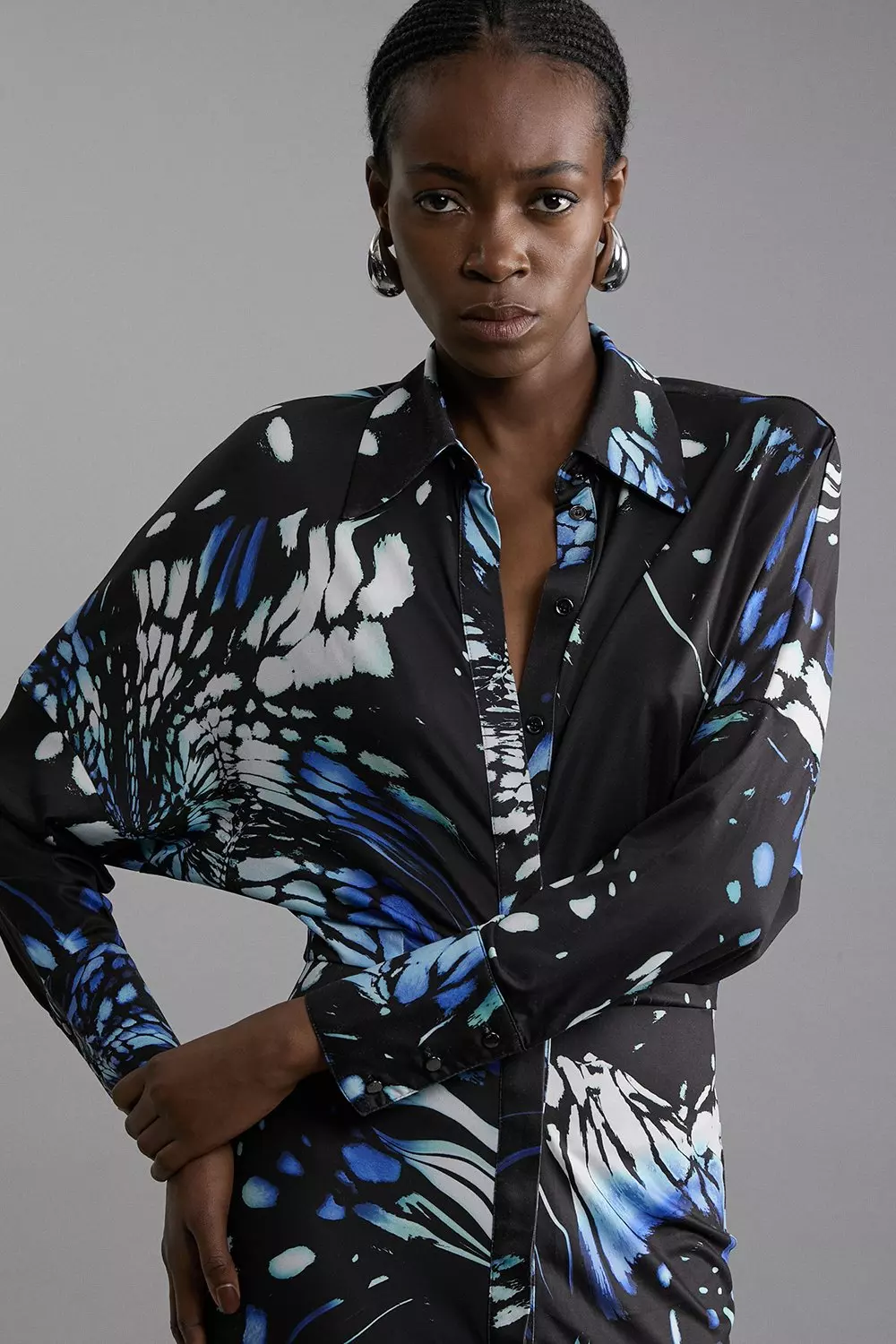 Karen Millen Womens Petite Abstract Swirl Printed Jersey Crepe Maxi Shirt Dress Navy Size S