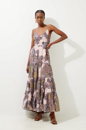 Printed Paisley Maxi Cotton Woven Sun Dress olive