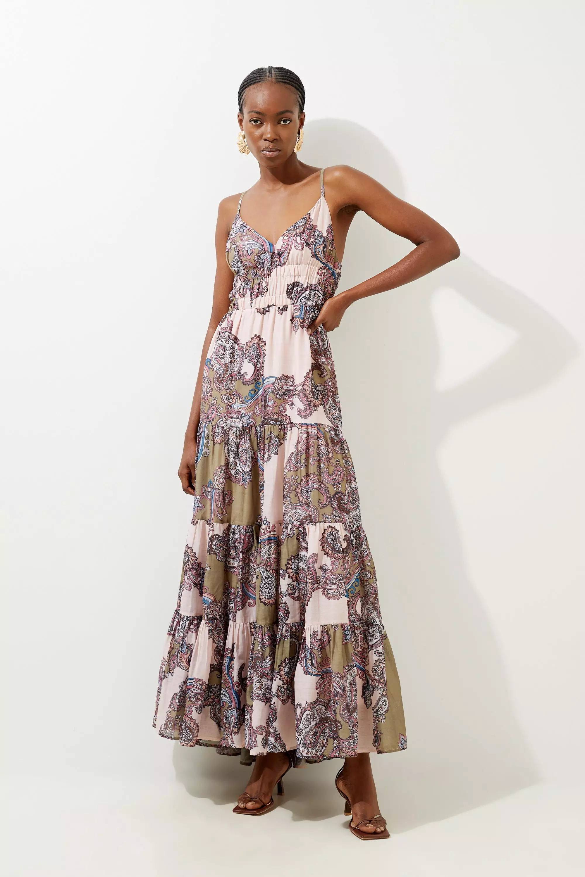 Petite Printed Paisley Maxi Cotton Woven Sun Dress | Karen