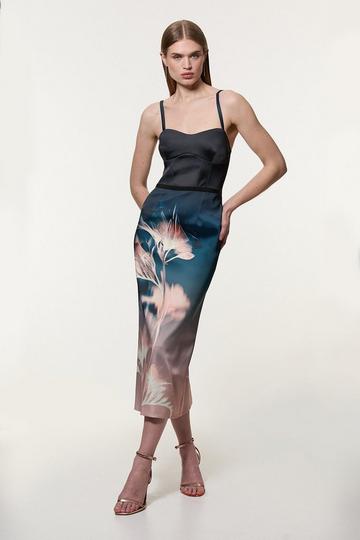 Multi Abstract Ombre Floral Italian Structured Satin Tailored Corset Midi Dress