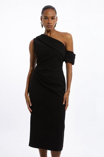 Black Petite Structured Crepe Asymmetric Tailored Pencil Midi Dress