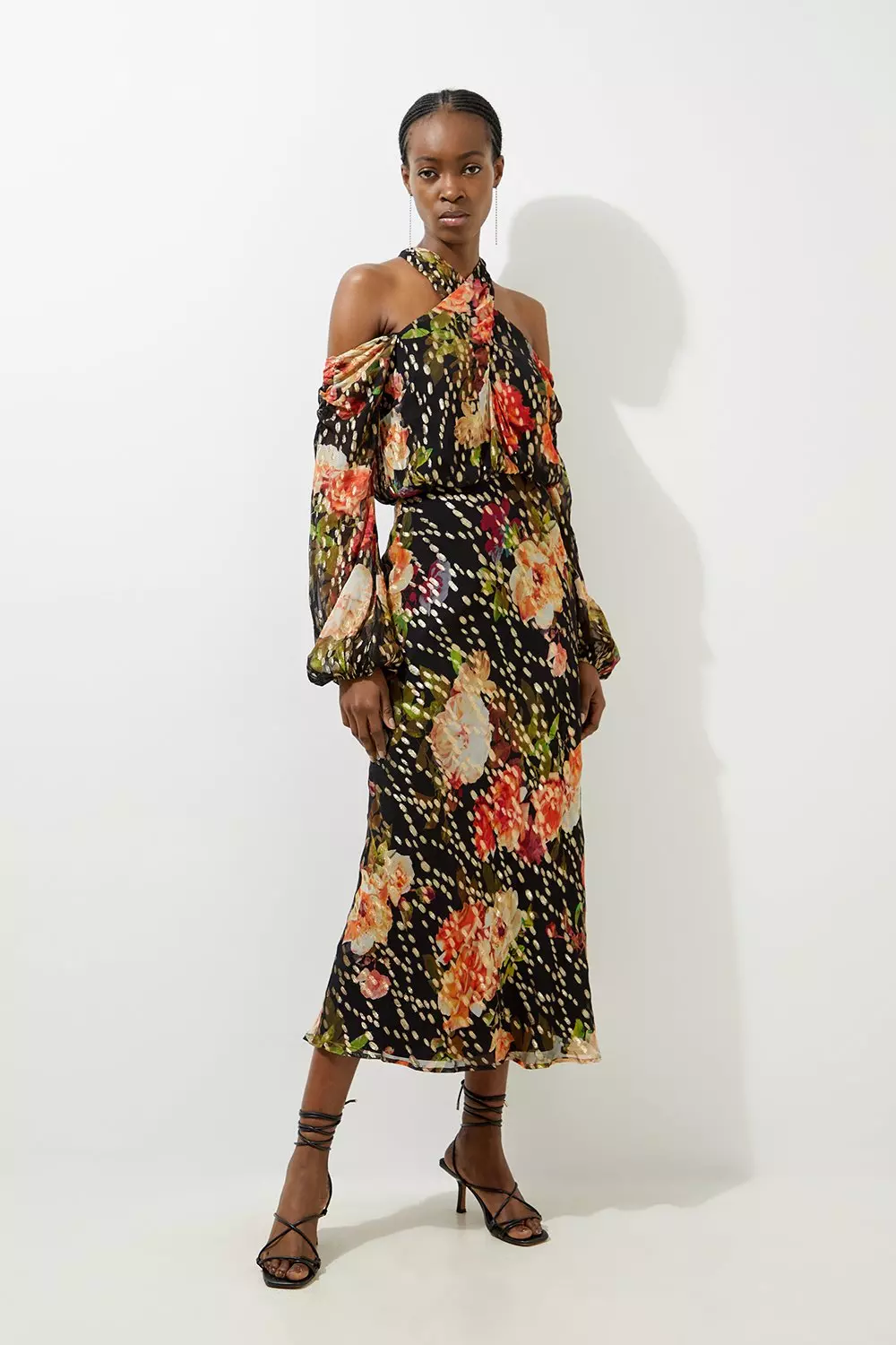 Petite Floral Printed Viscose Metallic Thread Beaded Cross Neck Woven Midi Dress Karen Millen