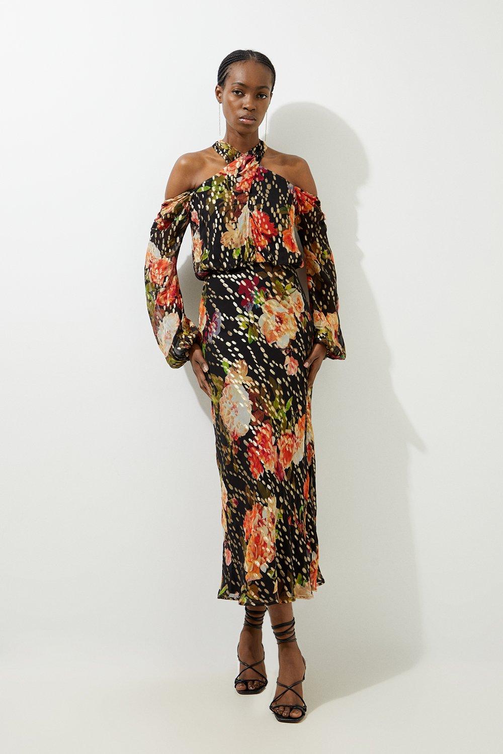 Floral Printed Viscose Metallic Thread Beaded Cross Neck Woven Midi Dress - Discount £54