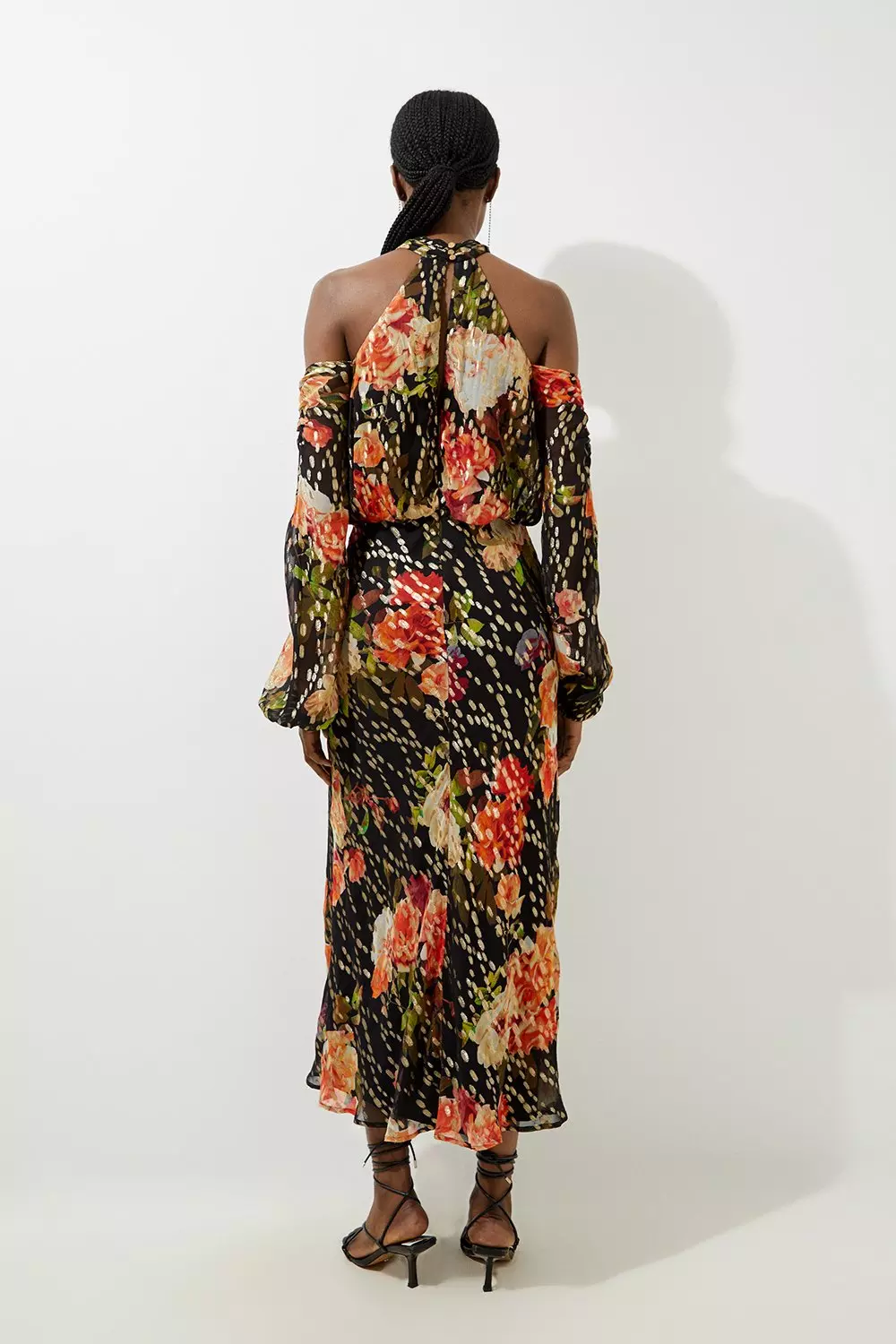 Floral Printed Viscose Metallic Thread Beaded Cross Neck