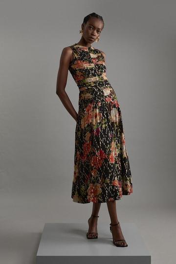 Floral Printed Viscose Metallic Thread Beaded Woven Midaxi Dress black