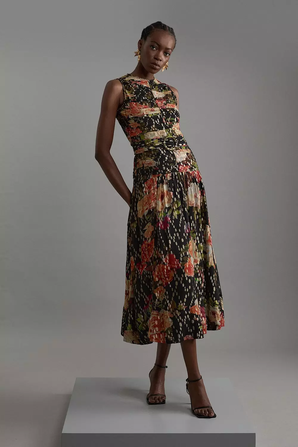 Floral Printed Viscose Metallic Thread Beaded Woven Midaxi Dress Karen Millen