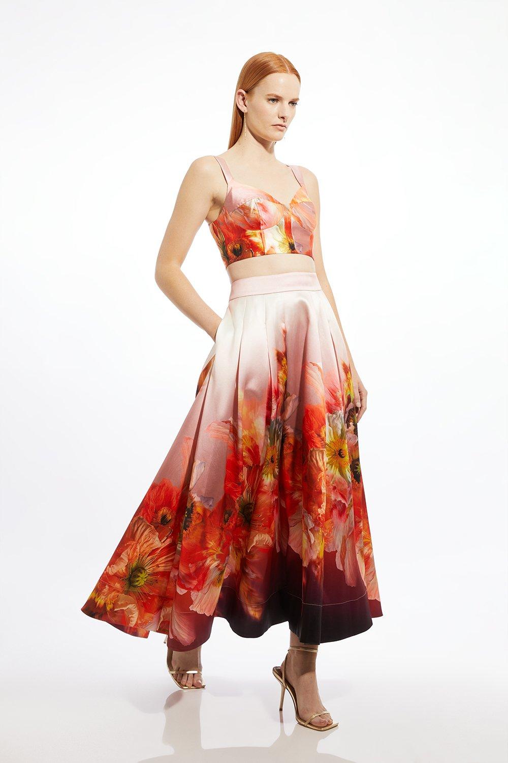 Placed Floral Print Woven Prom Midi Skirt