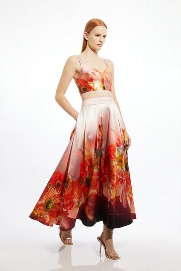 Multi Placed Floral Print Woven Prom Midi Skirt