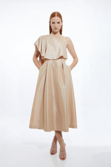 Champagne Beige Petite Metallic Taffeta One Shoulder Ruffle Midi Dress