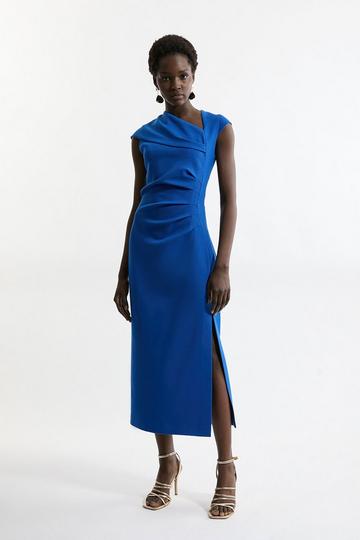 Petite Structured Crepe Asymmetric Neck Midi Dress cobalt