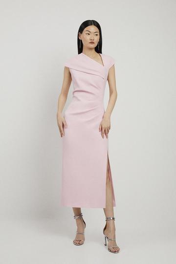 Petite Structured Crepe Asymmetric Neck Midi Dress pale pink