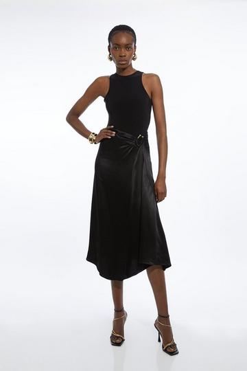 Satin Back Crepe Asymmetric Waist Hardware Midaxi Skirt black