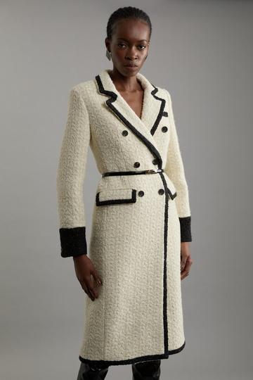 Texture Metallic Contrast Tipped Double Breasted Tailored Midi Coat ivory