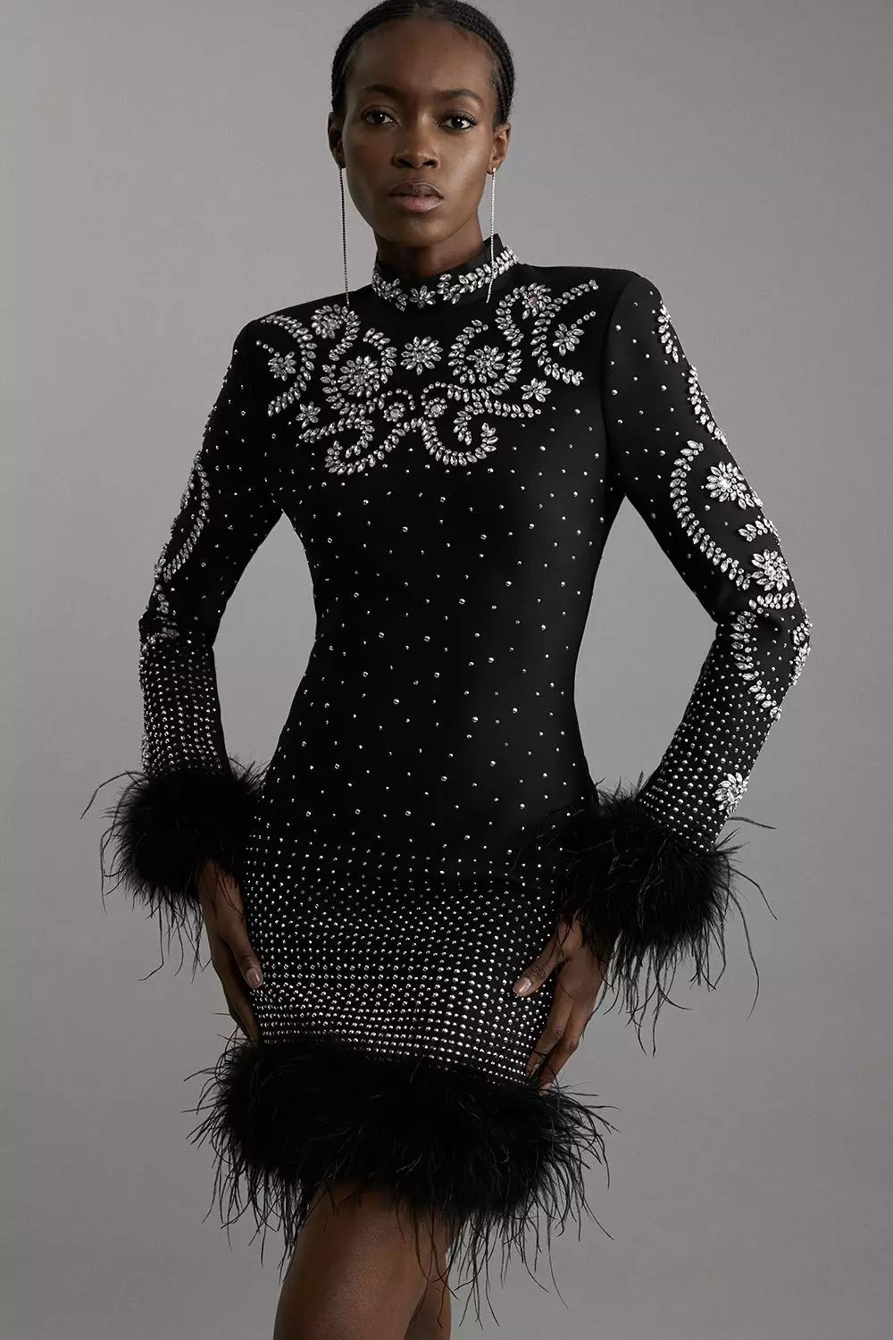 Feather Embellished Mini Dress Figure Form Bandage Knit