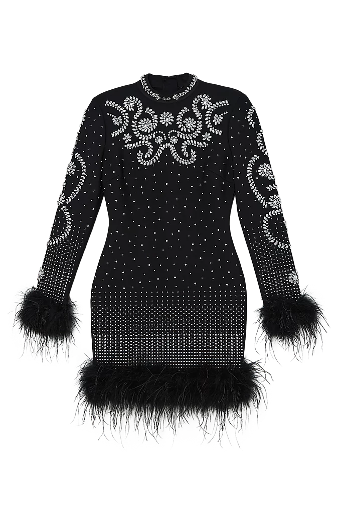 Feather Embellished Mini Dress Figure Form Bandage Knit Feather Embellished Mini Dress Figure Form Bandage Knit