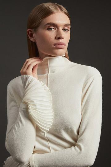 Wool and Alpaca Blend Knit Top With Pleated Silk Woven Cuffs ivory