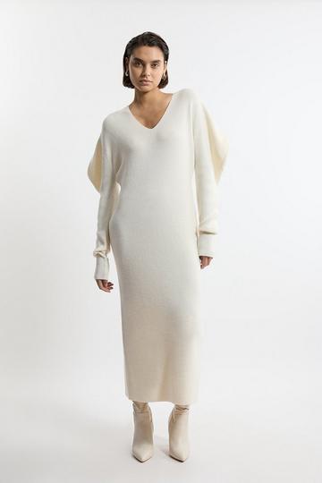 Cream White Alpaca Wool Blend Full Sleeve All Over Ribbed V Neck Knit Dress