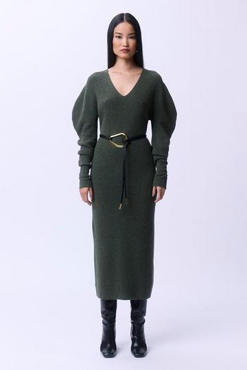 Alpaca Wool Blend Full Sleeve All Over Ribbed V Neck Knit Dress olive