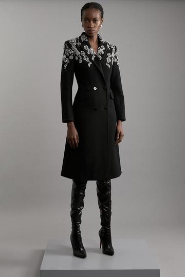 Wool Blend Crystal Embellished Notch Neck Belted Midi Coat navy