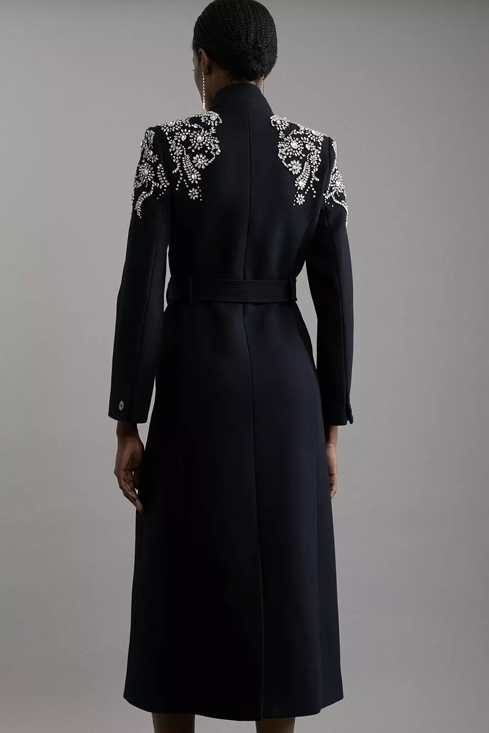 Wool Blend Crystal Embellished Notch Neck Belted Midi Coat