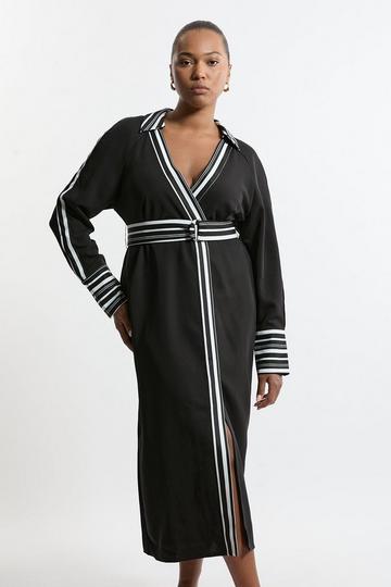 Plus Size Twill Stripe Detail Collared Midaxi Dress black