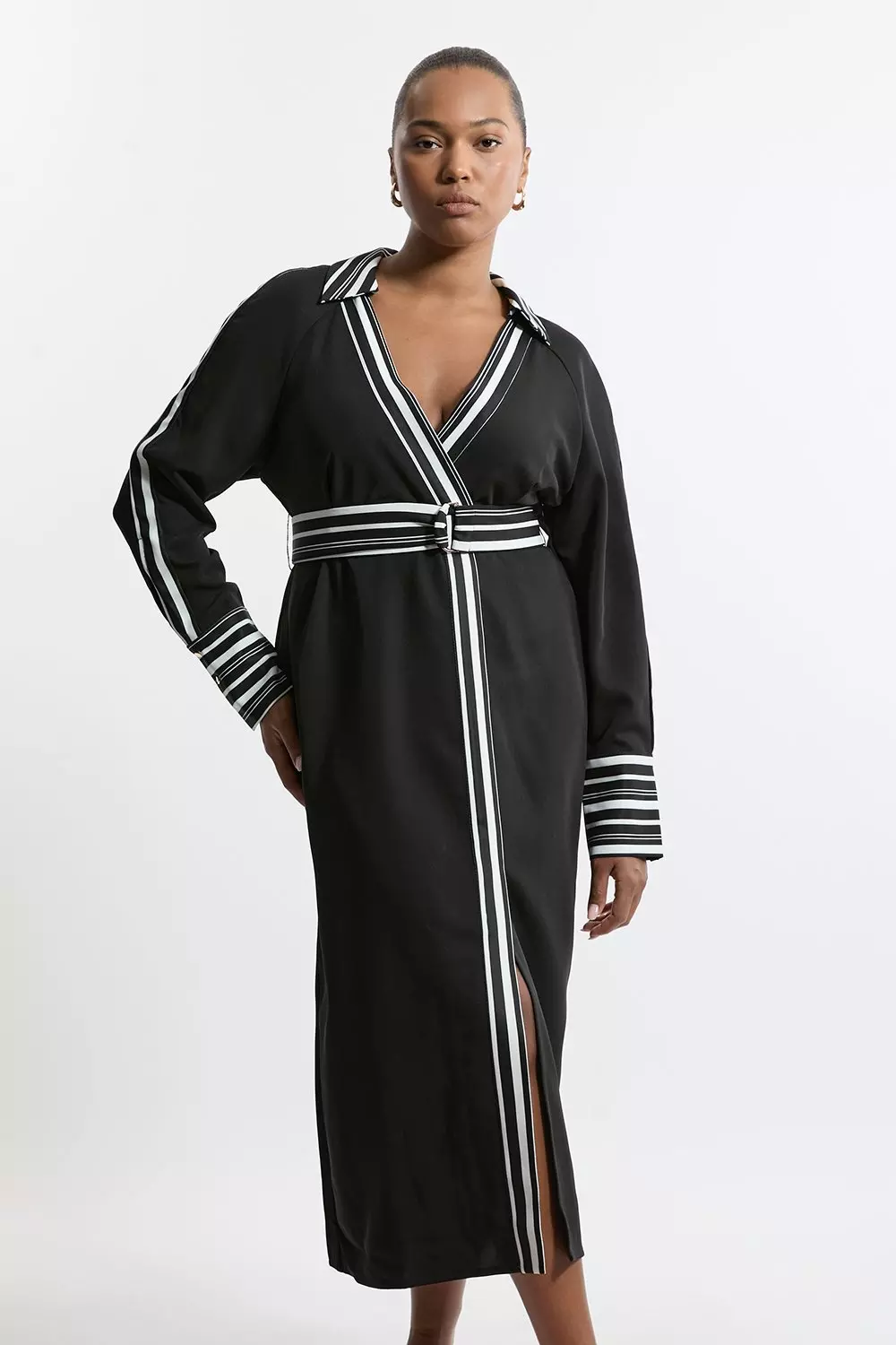 Plus Size Twill Stripe Detail Collared Midaxi Dress | Karen