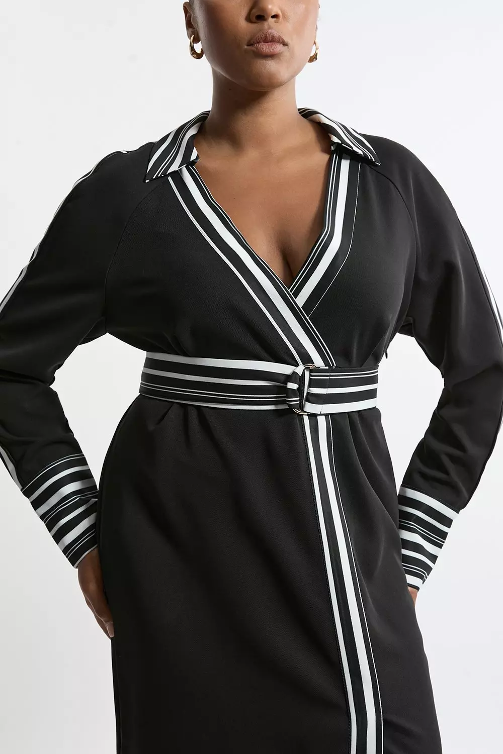 Plus Size Twill Stripe Detail Collared Midaxi Dress | Karen