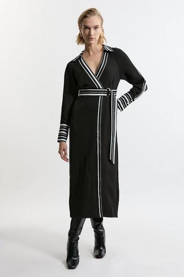 Twill Stripe Detail Collared Midaxi Dress black