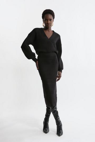 Black Wool Look Blouson Sleeve Midaxi Knit Pencil Dress