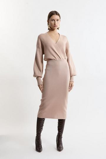 Wool Look Blouson Sleeve Midaxi Knit Pencil Dress tan