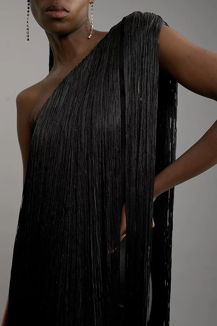 Figure Form Bandage One Shoulder Fringe Mini Knit Dress Figure Form Bandage One Shoulder Fringe Mini Knit Dress