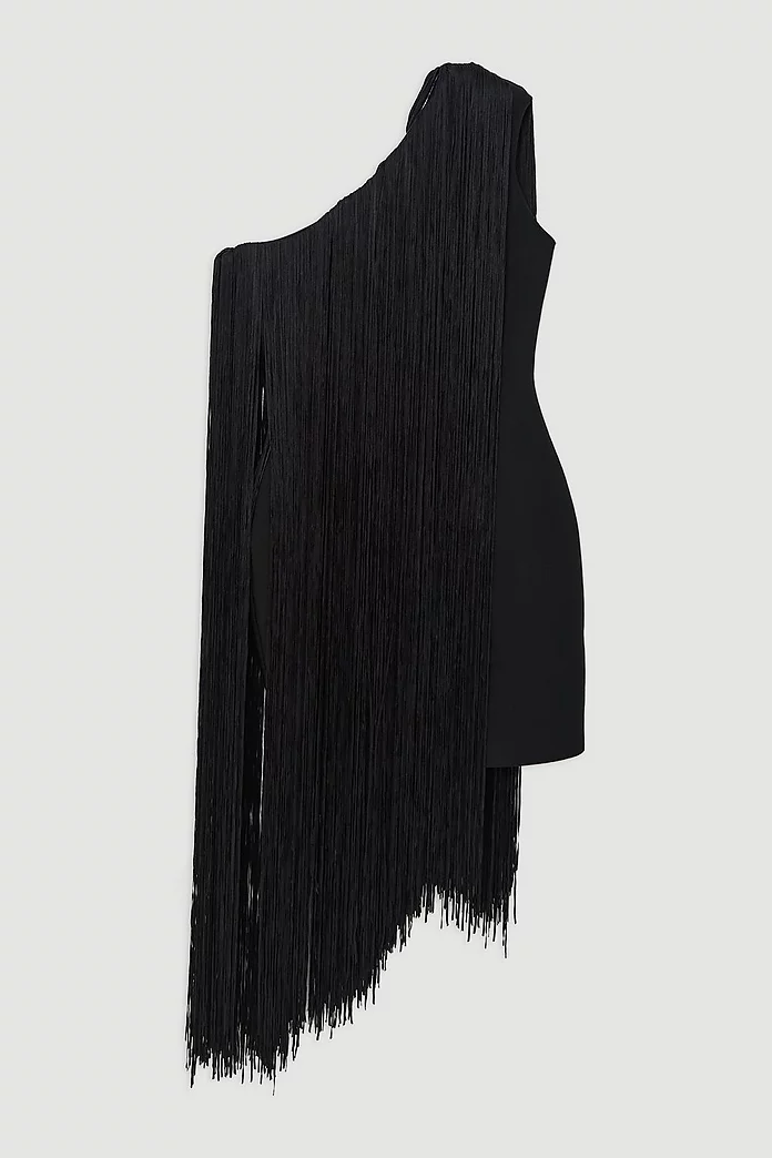 Figure Form Bandage One Shoulder Fringe Mini Knit Dress Figure Form Bandage One Shoulder Fringe Mini Knit Dress