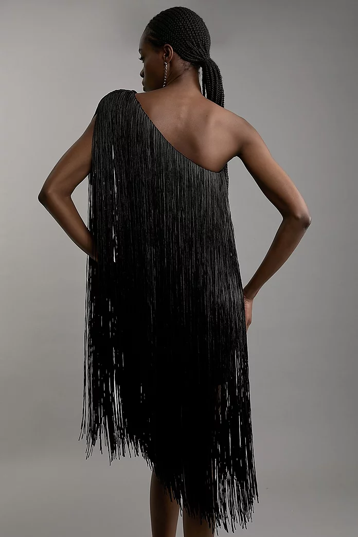 Figure Form Bandage One Shoulder Fringe Mini Knit Dress Figure Form Bandage One Shoulder Fringe Mini Knit Dress