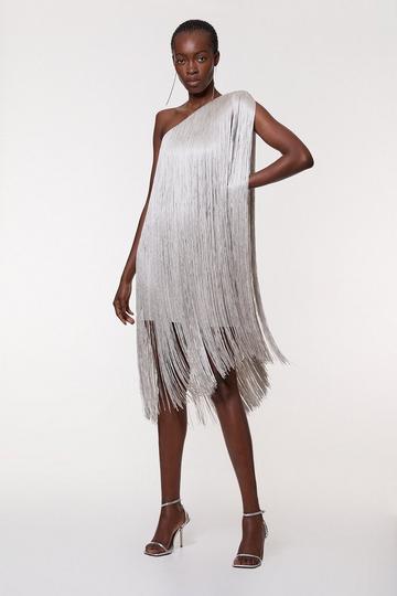 Figure Form Bandage One Shoulder Fringe Mini Knit Dress silver