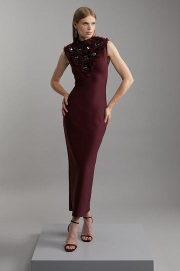 Figure Form Bandage Embellished Neck Midaxi Column Dress burgundy