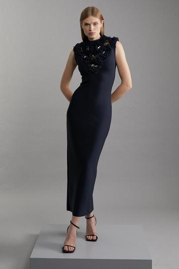 Navy Figure Form Bandage Embellished Neck Maxi Column Dress