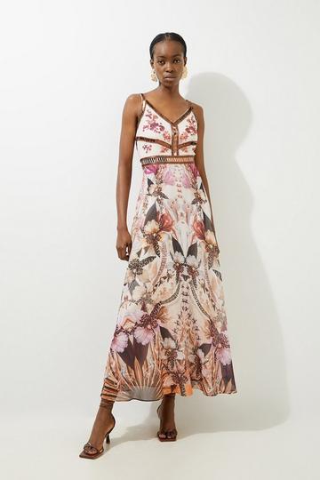 Petite Placed Floral Embroidered And Beaded Woven Strappy Maxi Dress multi