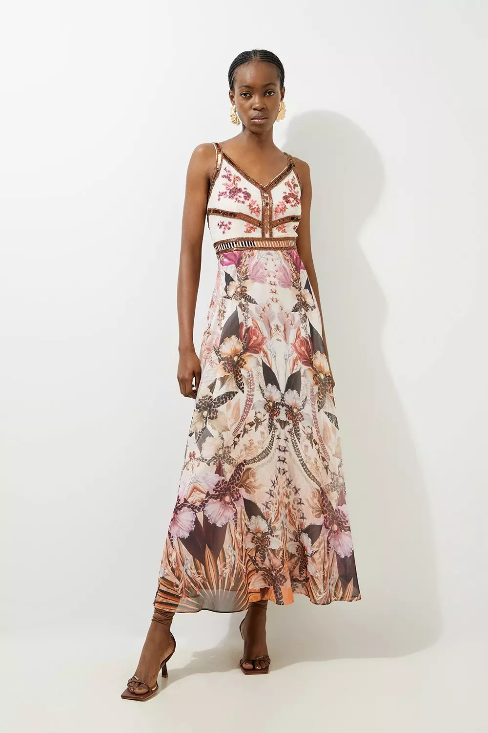 Petite Placed Floral Embroidered And Beaded Woven Strappy Maxi Dress Karen Millen