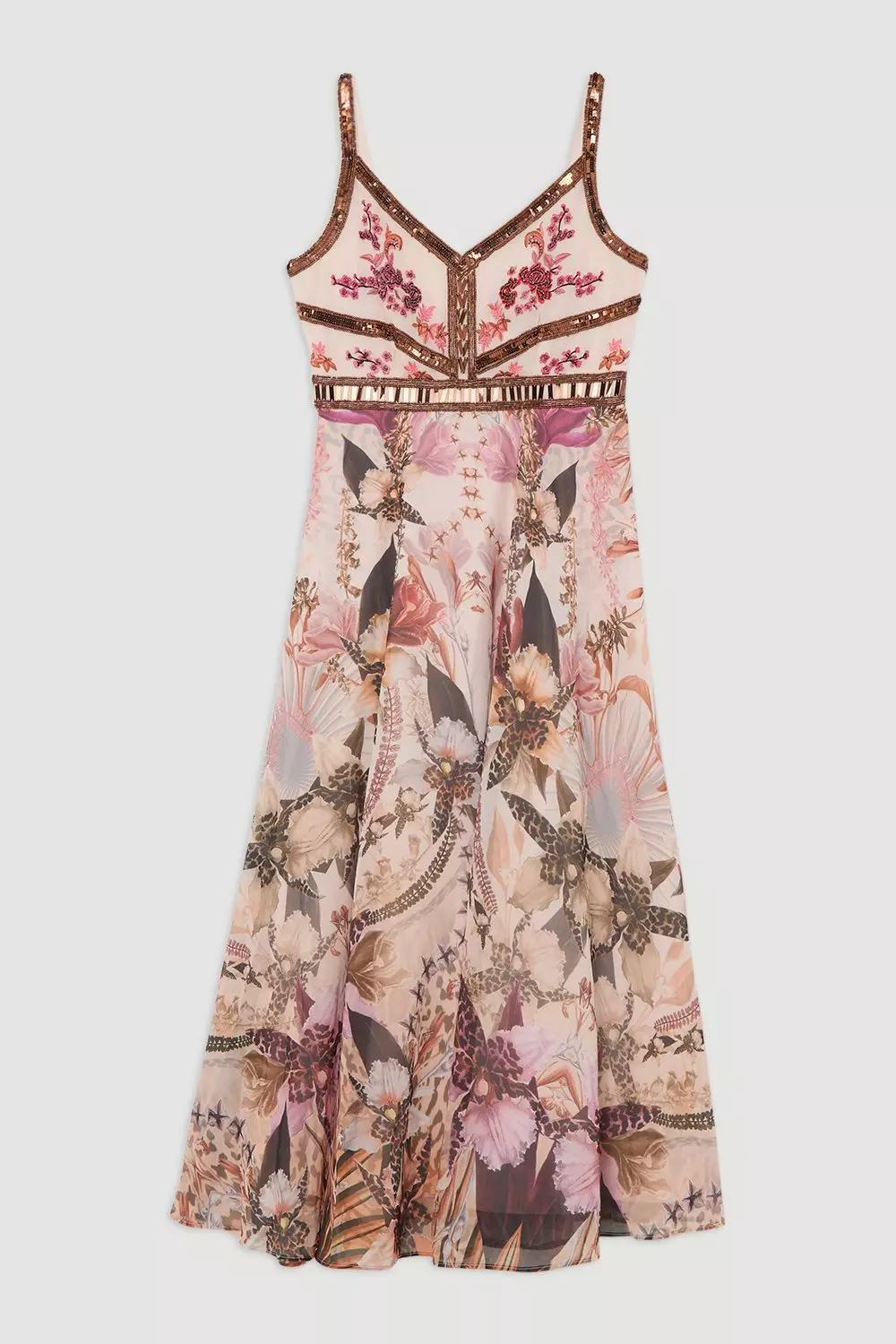 Petite Placed Floral Embroidered And Beaded Woven Strappy