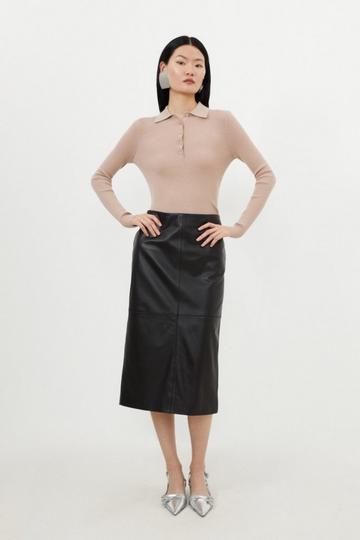 Black Petite Leather Panel Pencil Midi Skirt