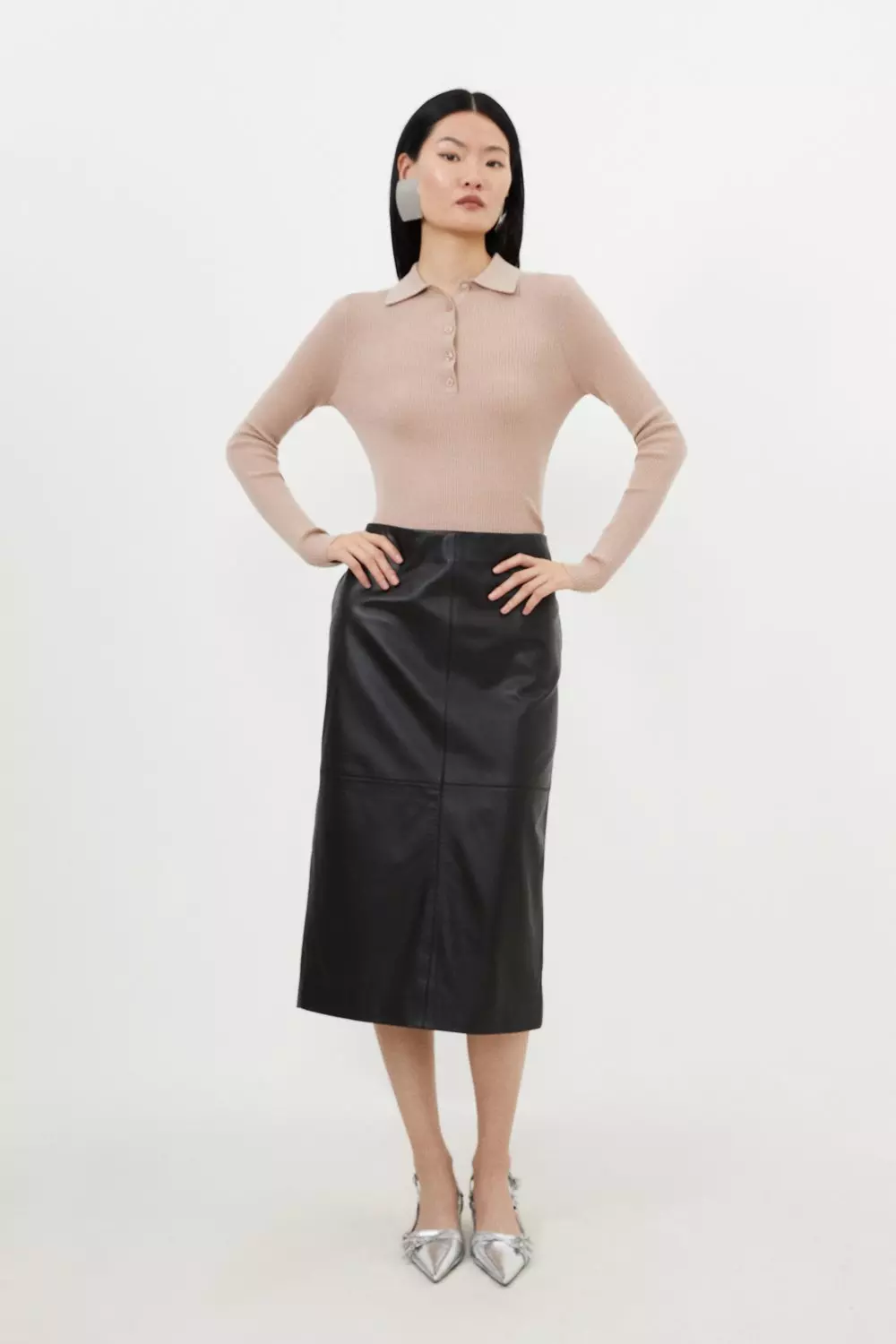 Petite Leather Panel Pencil Midi Skirt Karen Millen