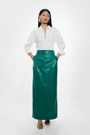 Petite Leather Corset Detail High Waist Maxi Pencil Skirt bright green