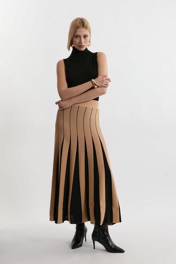 Pointelle Knit Color Blocked Pleated Skirt camel