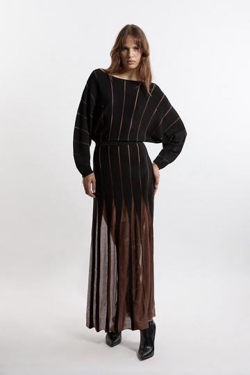 Black Rounded Sleeve Sheer Skirt Midaxi Knit Dress