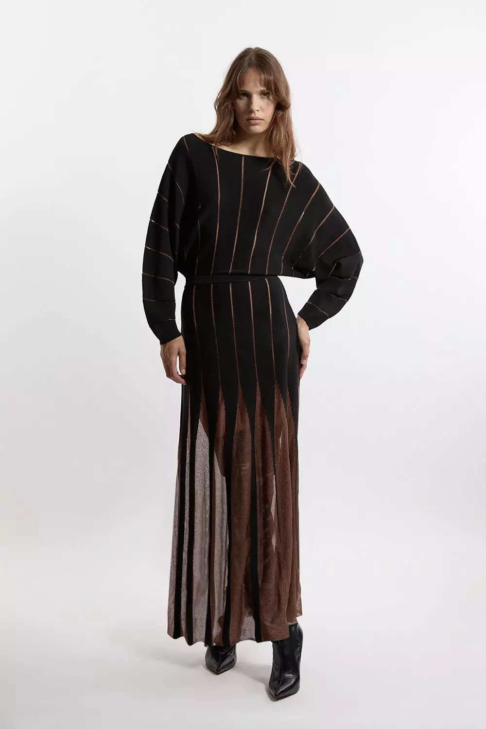 【KAREN MILLEN】スリンキー ジャカード ニット ミディ 関税込 Rounded Sleeve Sheer Skirt Maxi Knit Dress | Karen Millen