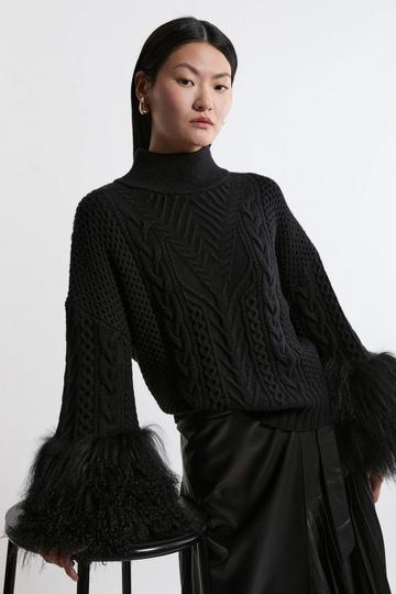 Black Cable Knit Viscose Blend Shearling Cuff Sweater