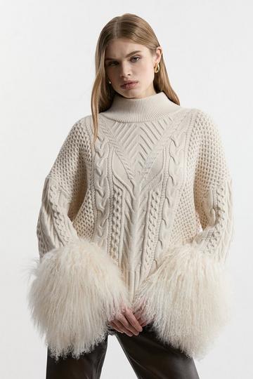 Cable Knit Viscose Blend Shearling Cuff Sweater cream