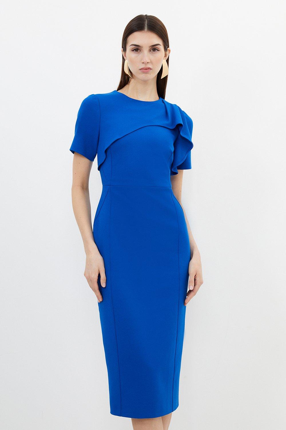 Petite Tailored Structured Crepe Ruffle Detail Pencil Midi Dress