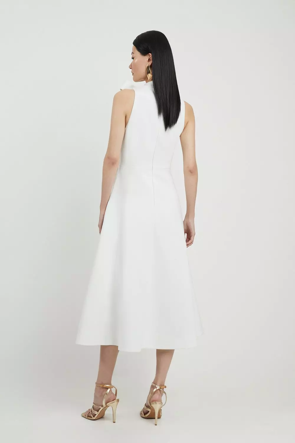 【KAREN MILLEN】サテン ボウタイネックテーラードミディドレス Compact Stretch Bow Tie Neck Full Skirted Midi Dress | Karen